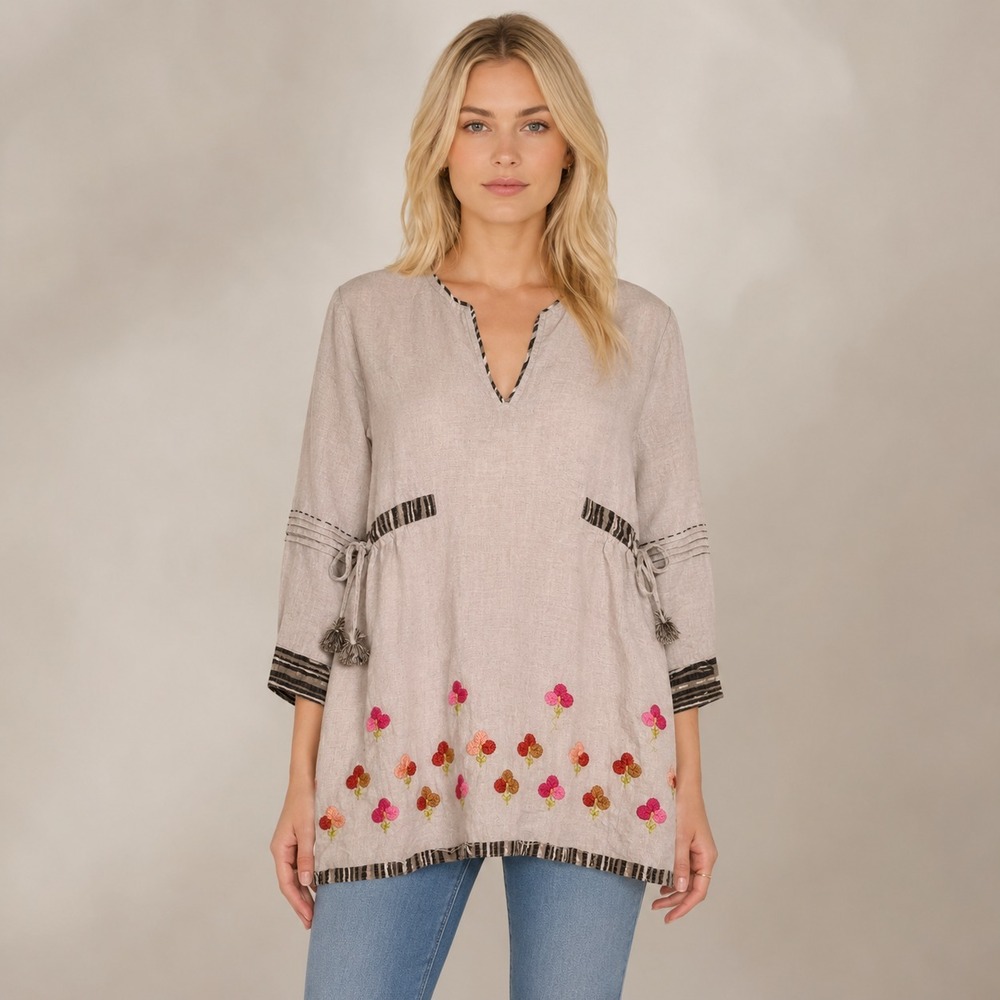 Ivy Jane Linen Blouse Artsy Embroidered Tassels Trim Raw Hem Ethical SZ Small